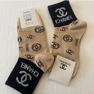 CHANEL Beige and Black Logo Crew Socks